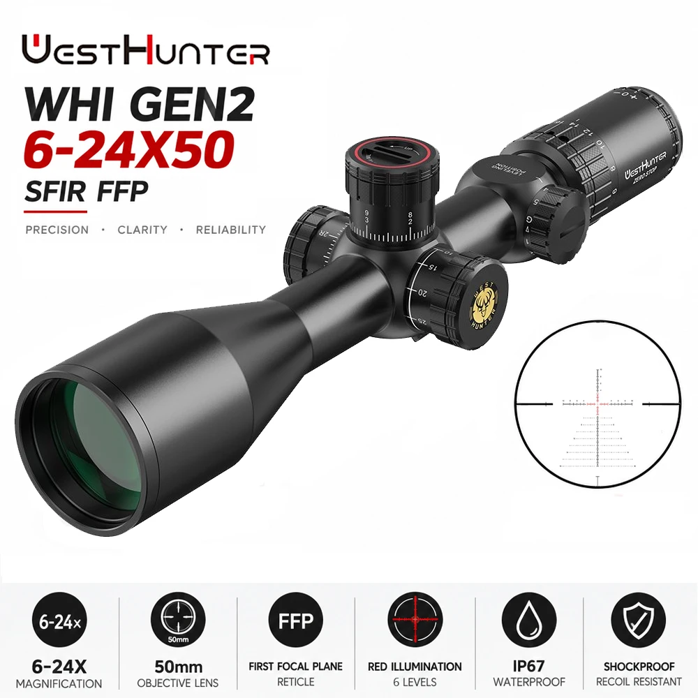 WestHunter WHI GEN2 6-24X50 SFIR FFP Riflescopes First Focal Plane 1/10MIL ZERO STOP Red Illuminated Glass Etched Hunting Scopes
