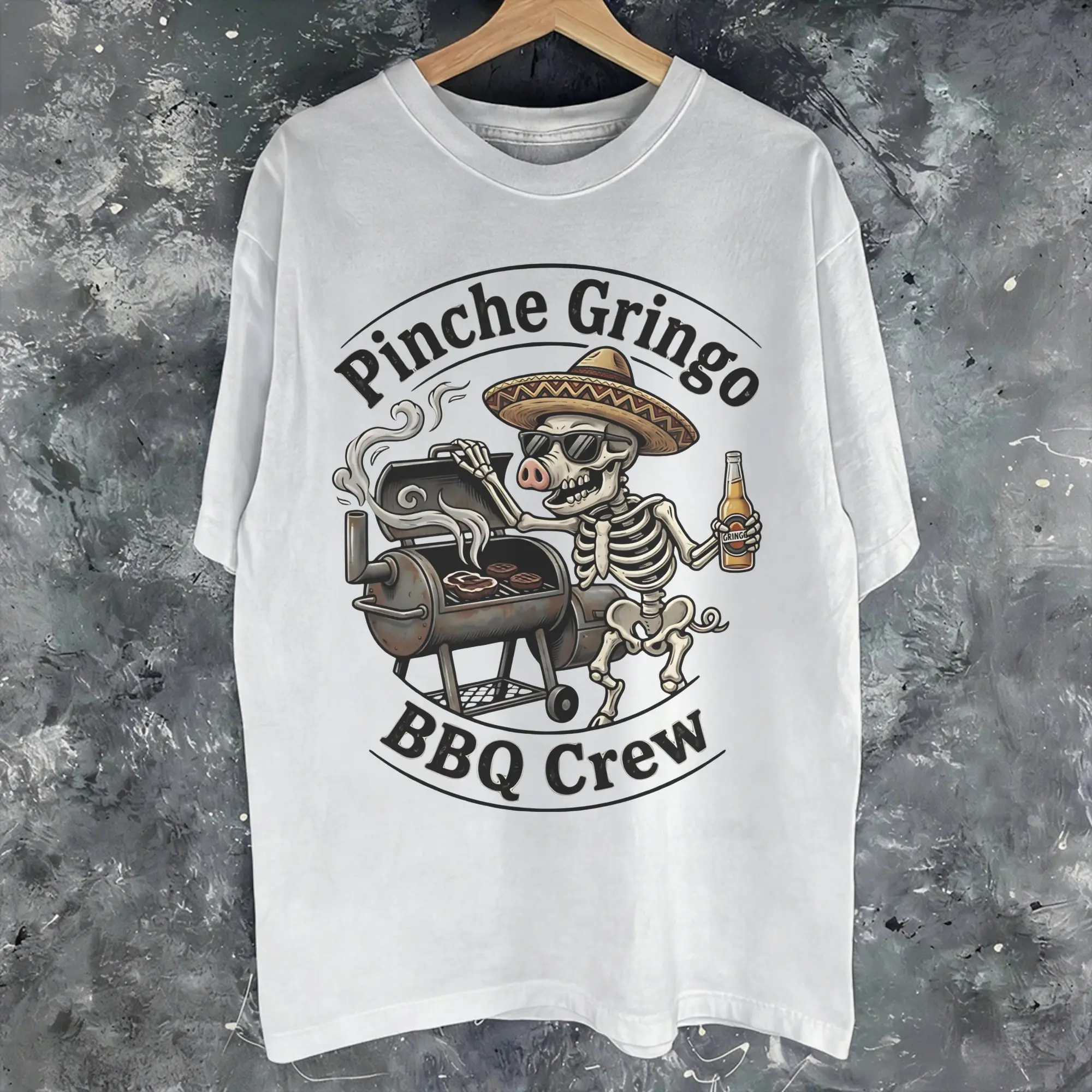 Men Women Pinche Gringo BBQ Crew Skeleton Grilling Beer T Shirt 100% Cotton Graphic Print Tee Shirts  Top Clothing