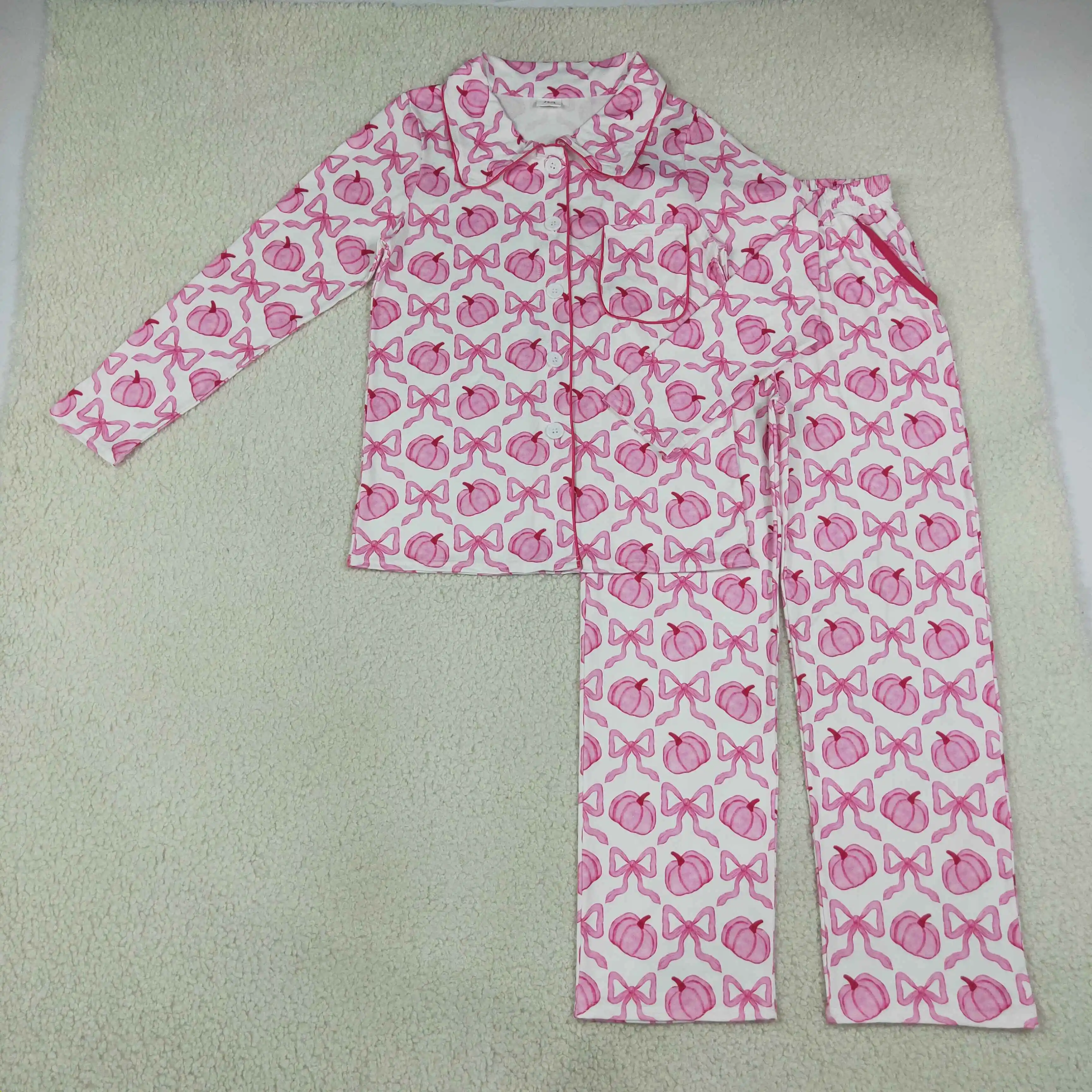 Wholesale Adult Woman Sleepwear Long Sleeves Pumpkins Bows Shirt Set Pants Christmas Outfit Women Pajamas Fall Clothing