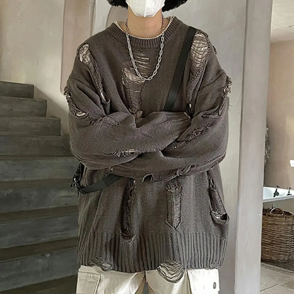 Solid Color Sweater Ripped Hole Sweater Hop Inspired Men\'s Sweater with Ripped Design Solid Color Knitted Hollow Out Pattern