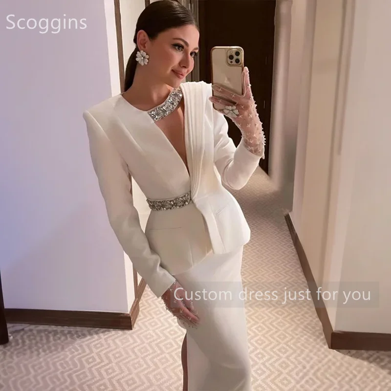 Scoggins muslimagnades 6. Awoo personalizza abito da sera colonna con scollo a v perline lunghezza del pavimento Zipper Up maniche lunghe abito da sposa Cocktail