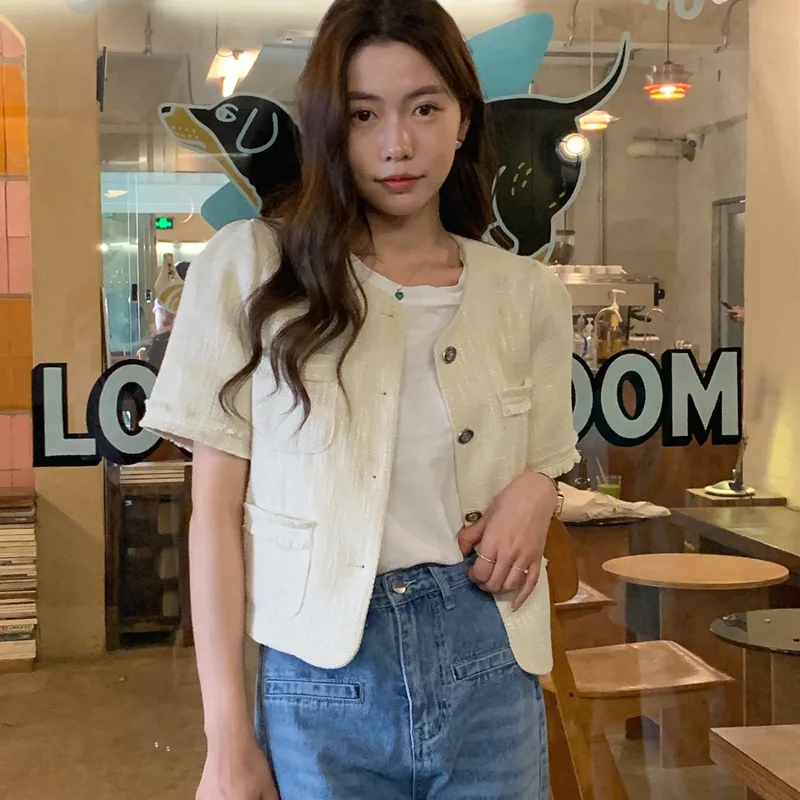 Moda coreana retrò girocollo bottone monopetto tinta unita 2025 Novità in giacche corte casual a maniche corte estive