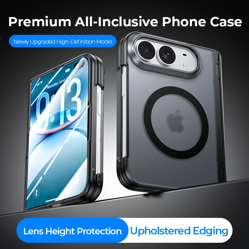 For iPhone Duo Ultra Case Skin-Friendly Frosted Transparent Magnetic Wireless Charging Hinge With Tempered Film Shockproof Cover