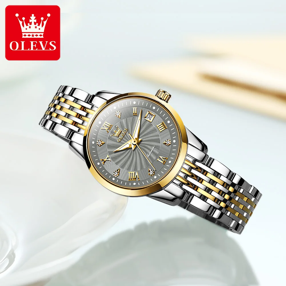 OLEVS-Montre mécanique de luxe pour femme, acier inoxydable, étanche, calendrier Shoe, montres automatiques à la mode, marque