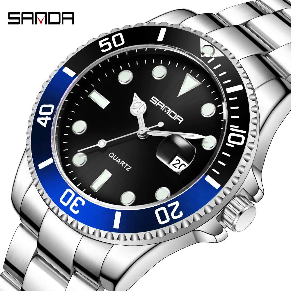 SANDA Business Stainless Steel Watch Classic Red Blue Circle Diving Series Magnifying Glass Calendar Quartz Watches Montre Homme