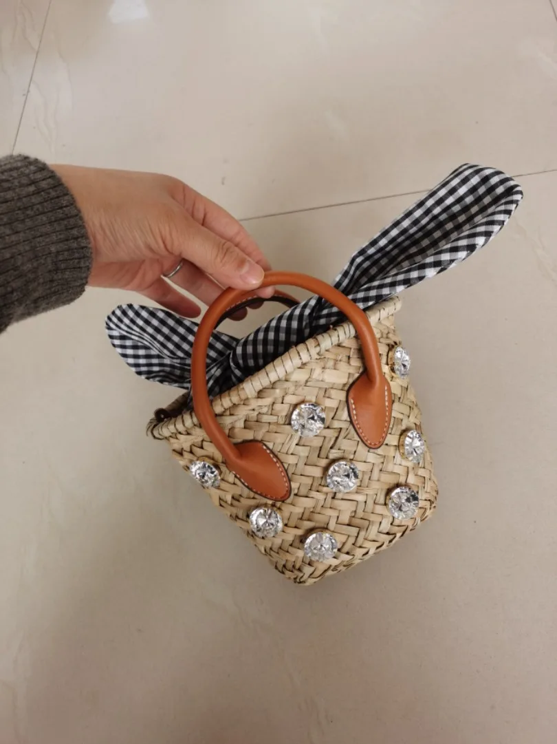 Summer New Women\'s Holiday Diamond Beach Bag Orange Mini Woven Basket Girls Grass Woven Handbag Crossbody Bag Female