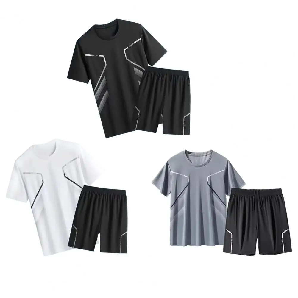 Men Tracksuit Set Men's Quick-drying Sportswear Set with Round Neck Tee Shirt Elastic Waist Shorts 2 Piece Tracksuit for Active