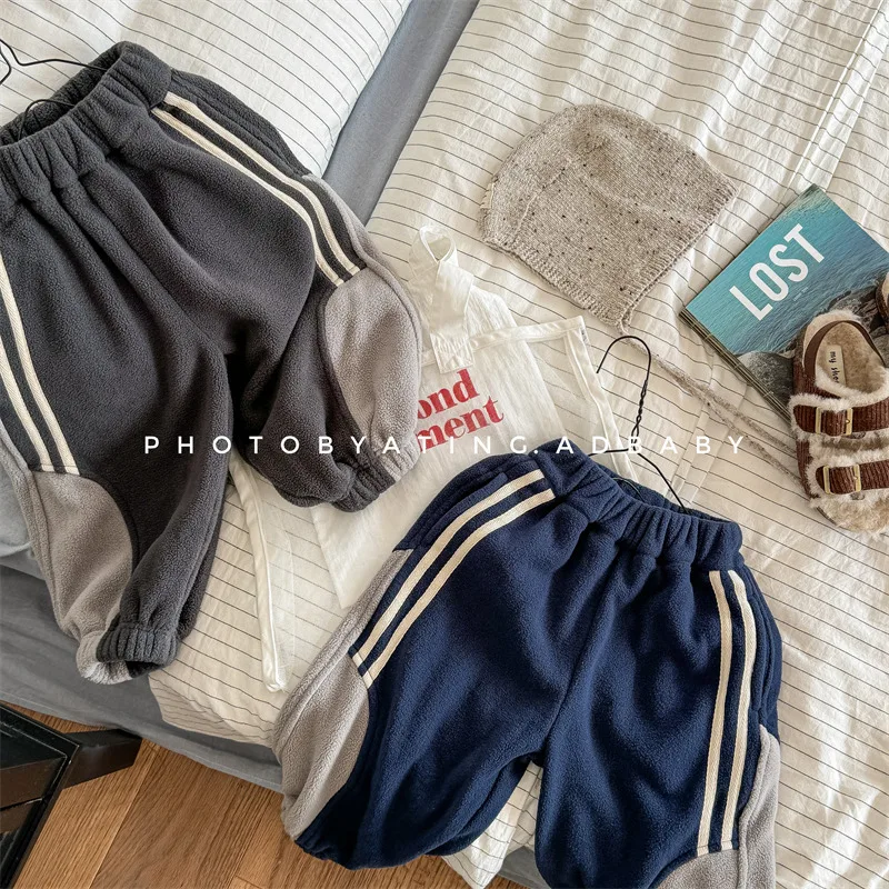 2025 Winter New Children Fleece Trousers Solid Boys Warm Sweatpants Plus Velvet Thick Girls Harem Pants Cotton Kids Casual Pants