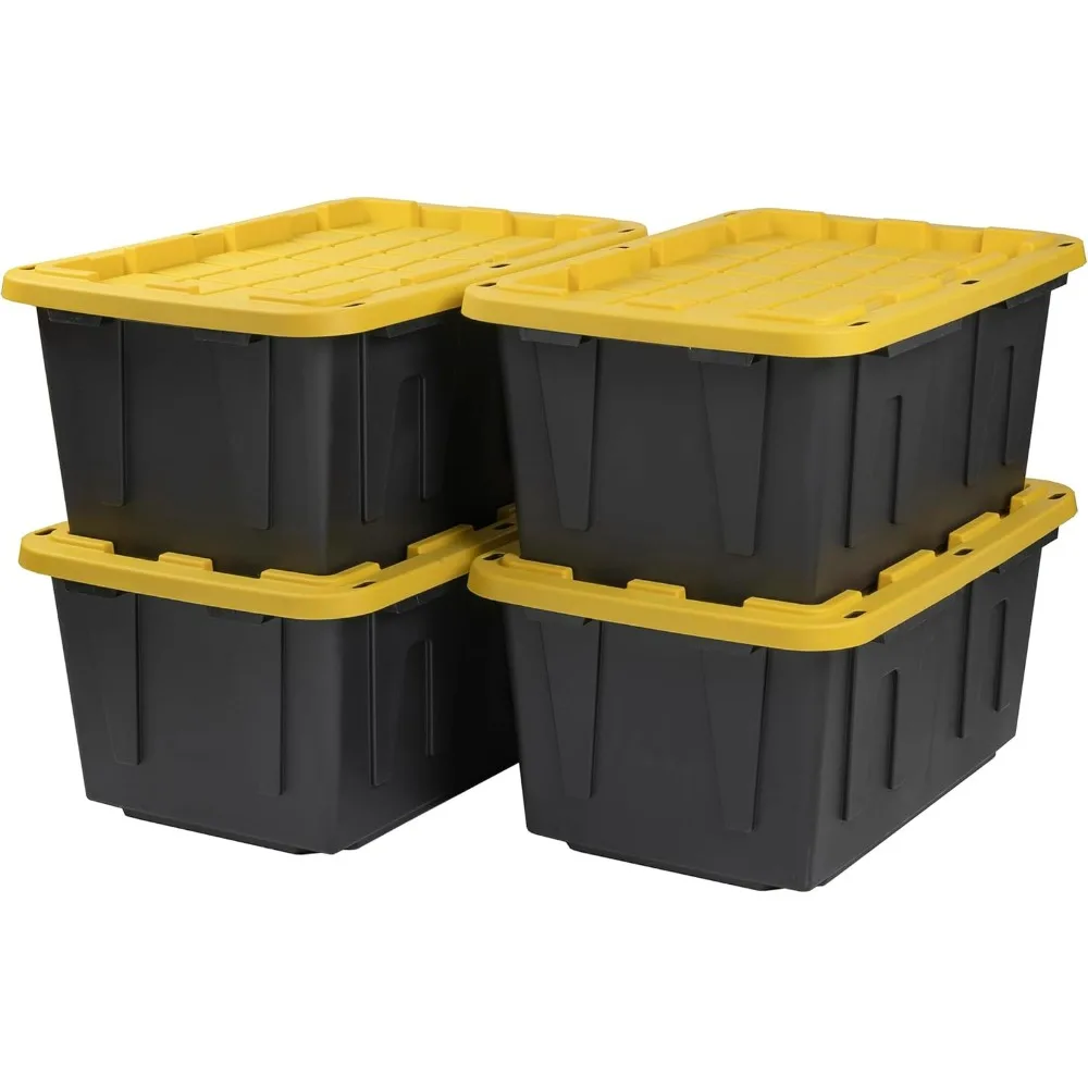 

CX Black & Yellow 27-Gallon Heavy Duty Storage Bins with Lids 4 Pack Stackable Plastic Storage Containers Weather-Resistant Home
