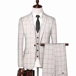 Chaleco a cuadros de estilo británico para hombre, conjunto de 3 piezas, chaqueta ajustada de gama alta, traje de negocios para banquete de boda