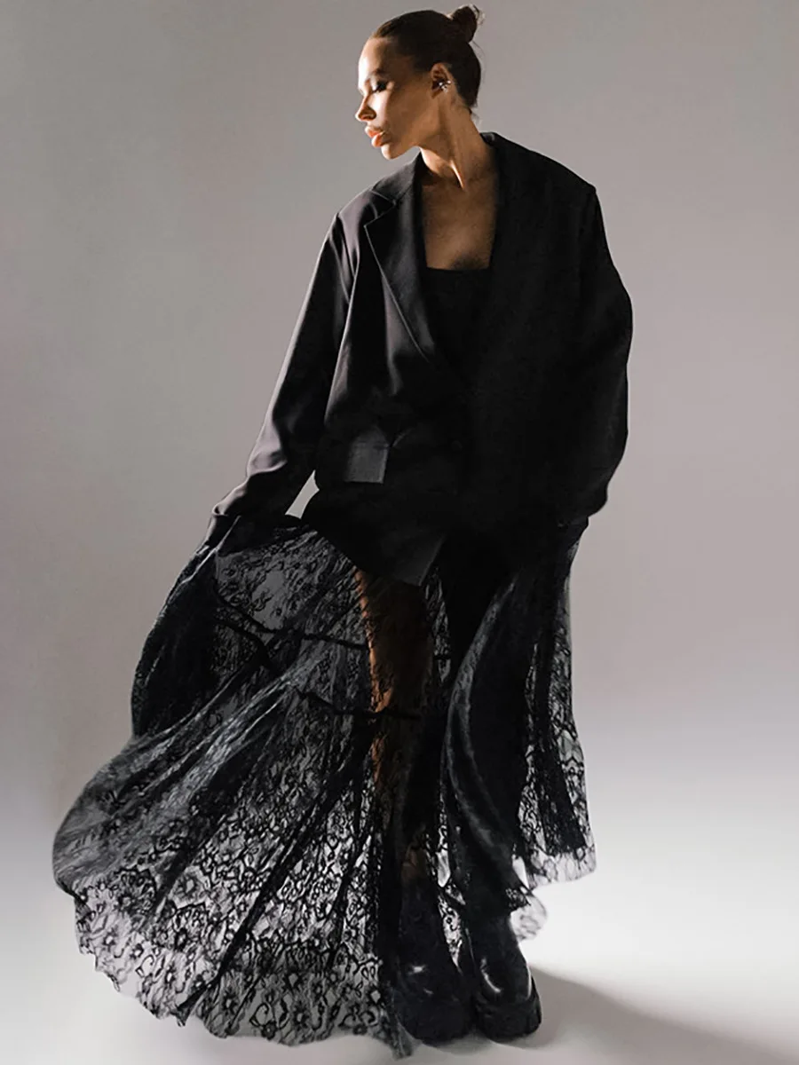 

Black Sexy Lace High-waist Commuter SkirtTranslucent A-Line Skirt Women's Fashion Long Dress