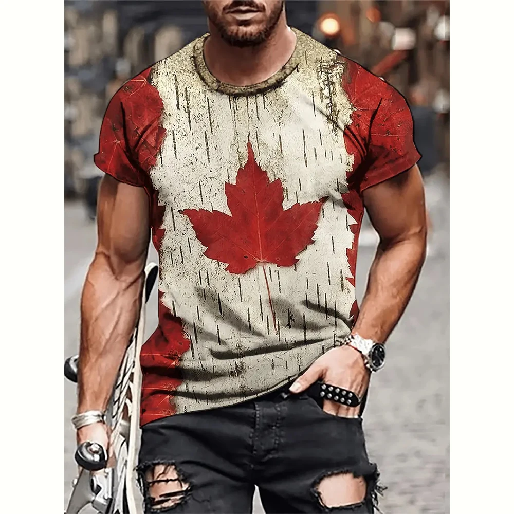 Men's Vintage T-shirt Canadian Maple Print Neutral Street T-shirt Men's Fitness crewneck Casual T-shirt Outdoor Fashion T-shirt