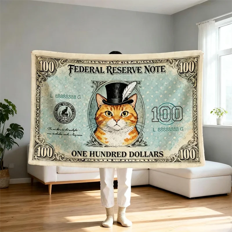 VIKAMA Tuxedo Cat Dollar Bill Flannel Throw Blanket Funny Money Print Soft Warm Sofa Bedroom Pet Lover Decor Gift
