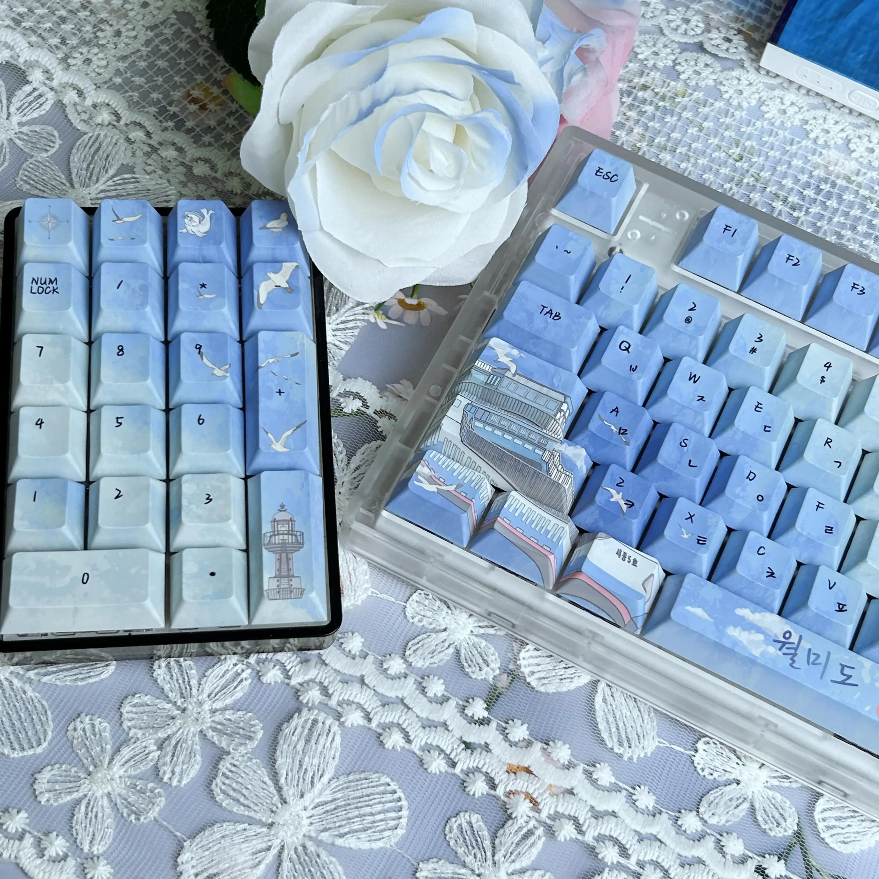 Incheon Wolmido Korean Keycaps Cherry PBT Lighthouse Ferris Wheel Seagull Hangul Keycap for Mechanical Keyboard Blue Turquoise