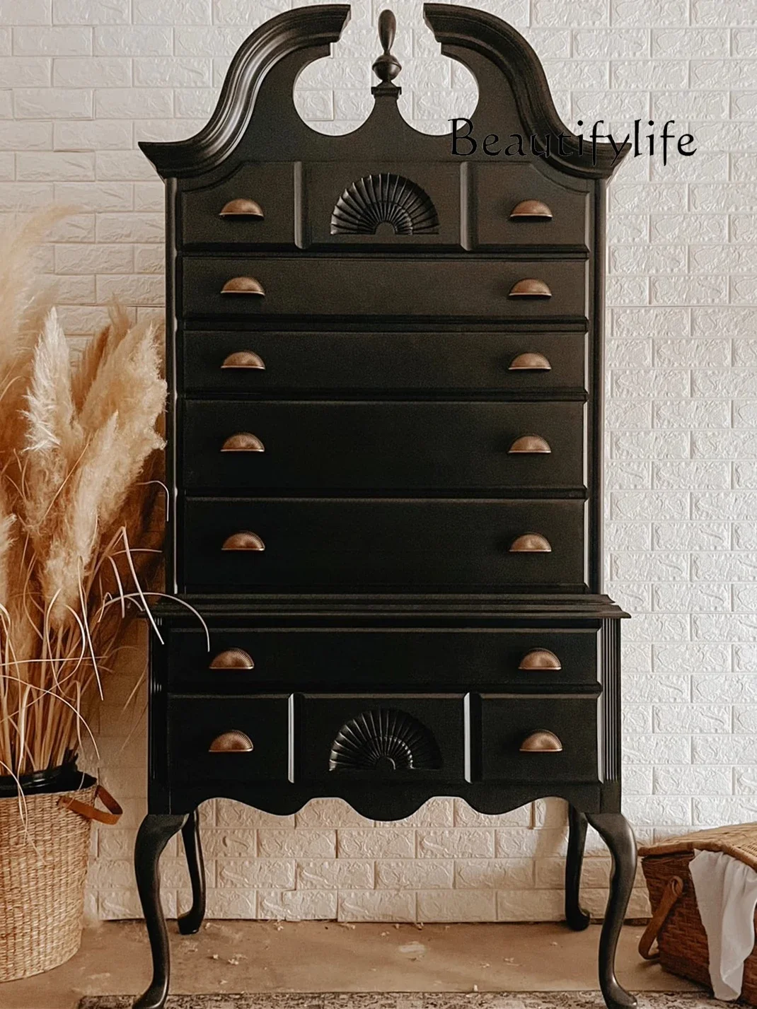 

ZY French Retro Solid Wood Living Room Against The Wall Storage Cabinet Simple Black Drawer Cabinet Furniture Customization