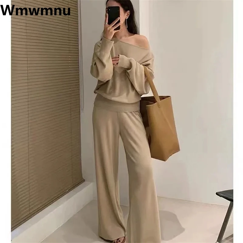 Loose chic Skew Collar Knitted 2 Piece Set Women casual long sleeve Tops Outfits korean fashion Spring Wide Leg Pants Ensembles