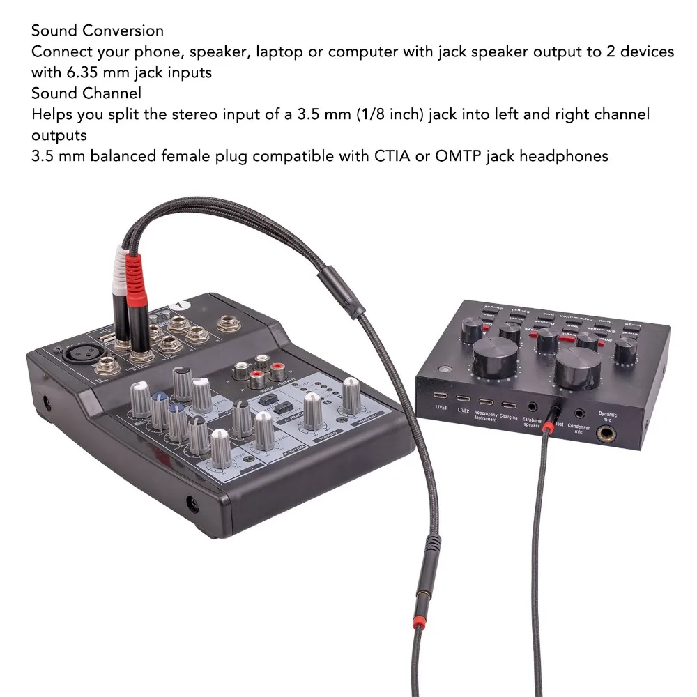 1/8 Stereo Female to Dual 6.35mm Mono Male 3.5mm to Dual 1/4 Inch Sound Splitter Cable 13.8inch Audio Splitter Cord