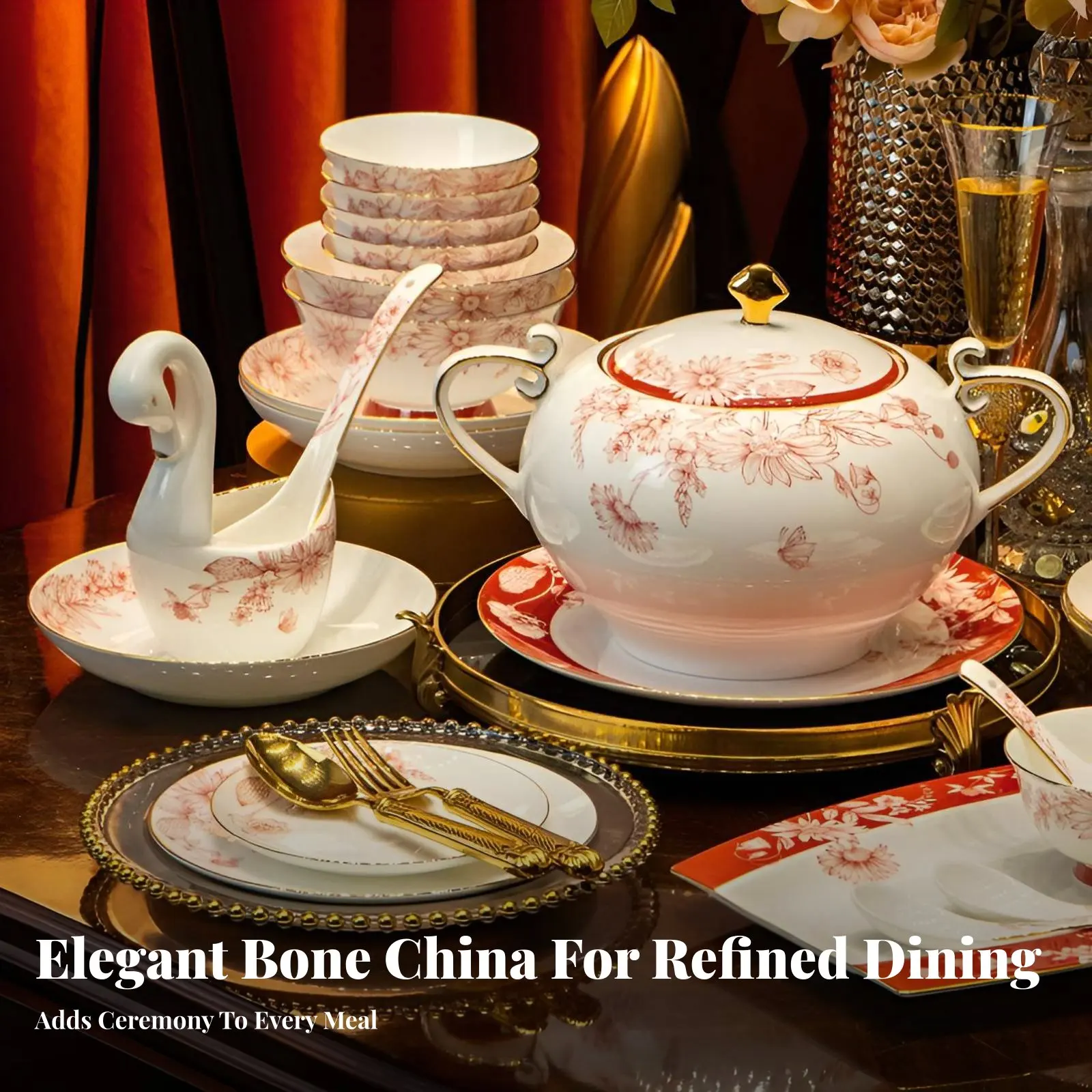 

Набор посуды из красного костяного фарфора, свадебный сервиз, тарелки и миски с цветочным узором, подарок для молодоженов