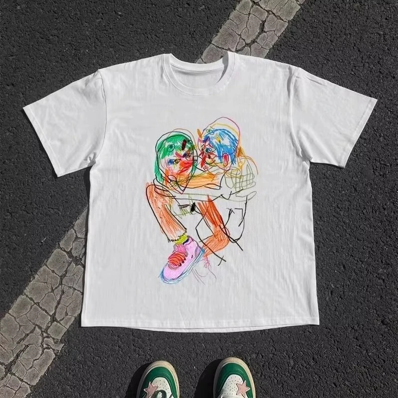 

American Cartoon Hand-painted Graffiti Couple Loose Cotton Short-sleeved T-shirt Men's and Women's Autumn and winter innerwear