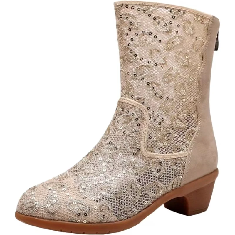 

Женские высокие сапоги на блочном каблуке с сеткой, весна-лето, новые ботинки на мягкой подошве с нескользящей тонкой молнией, крутые ботинки с круглым носком, танцевальные ботинки