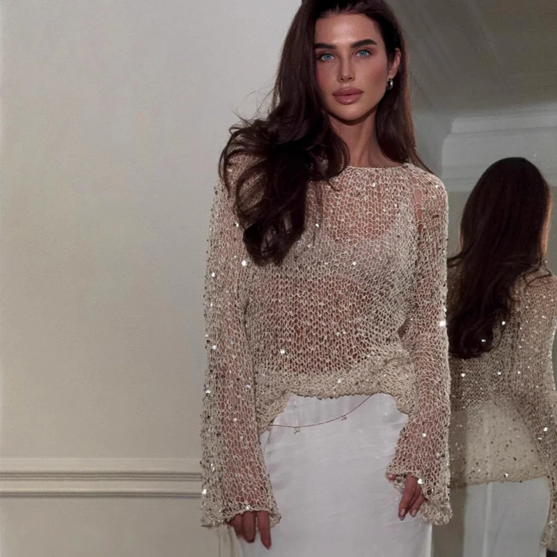 

Chic Sequined Pullovers Long Sleeve Top Women Fashion Hollow Out Loose Shirt Streetwear Y2K Girls Summer Knitted Glitter Tops