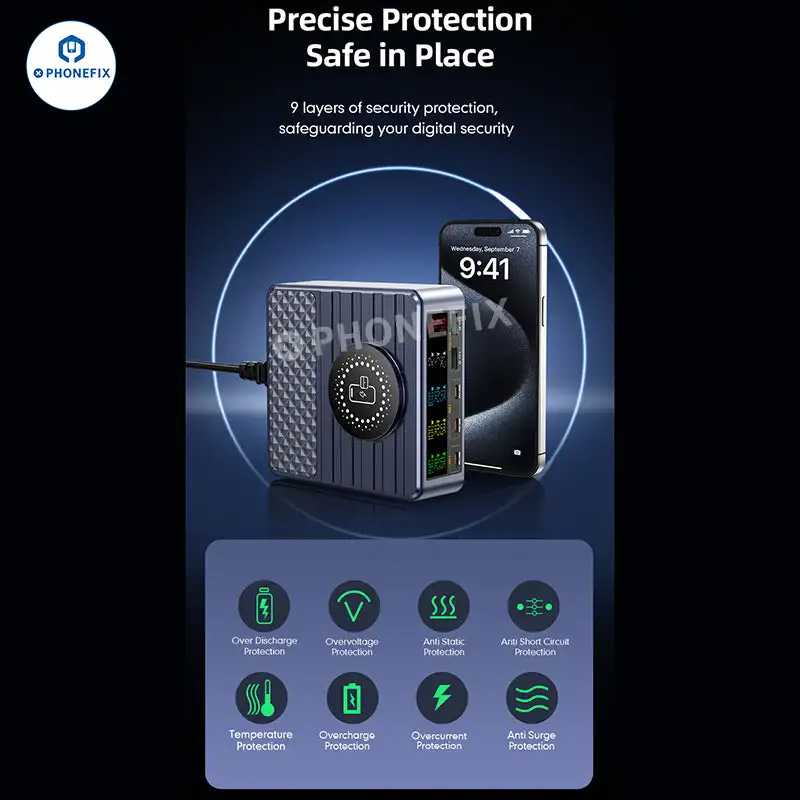محطة شاحن متعددة المنافذ بقدرة 260 وات مع شاشة عرض رقمية للشحن اللاسلكي QC3.0 PD3.1 شحن سريع لهاتف iPhone Xiaomi ipad