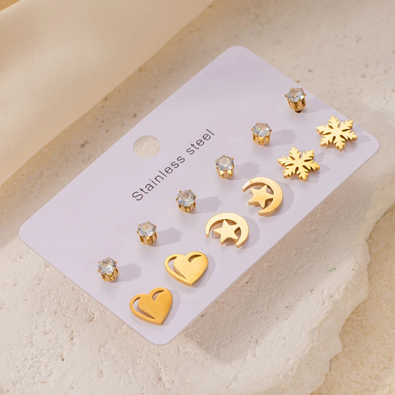 ANENJERY 316L Stainless Steel 6 Pieces Zircon Heart Cross Star Eyes Earrings For Women Simple Creative Jewelry Gifts Wholesale