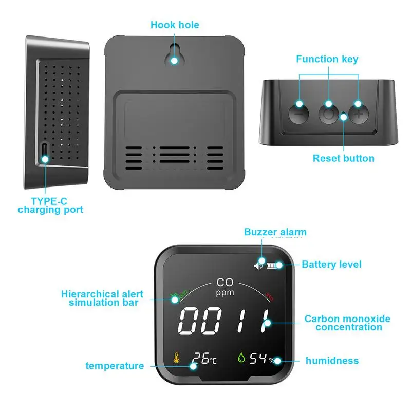 Travel Carbon Monoxide Detector 3 In 1 CO Monitor Temp & Humidity Meter Accurate Portable CO Detector 0-500PPM For Indoor