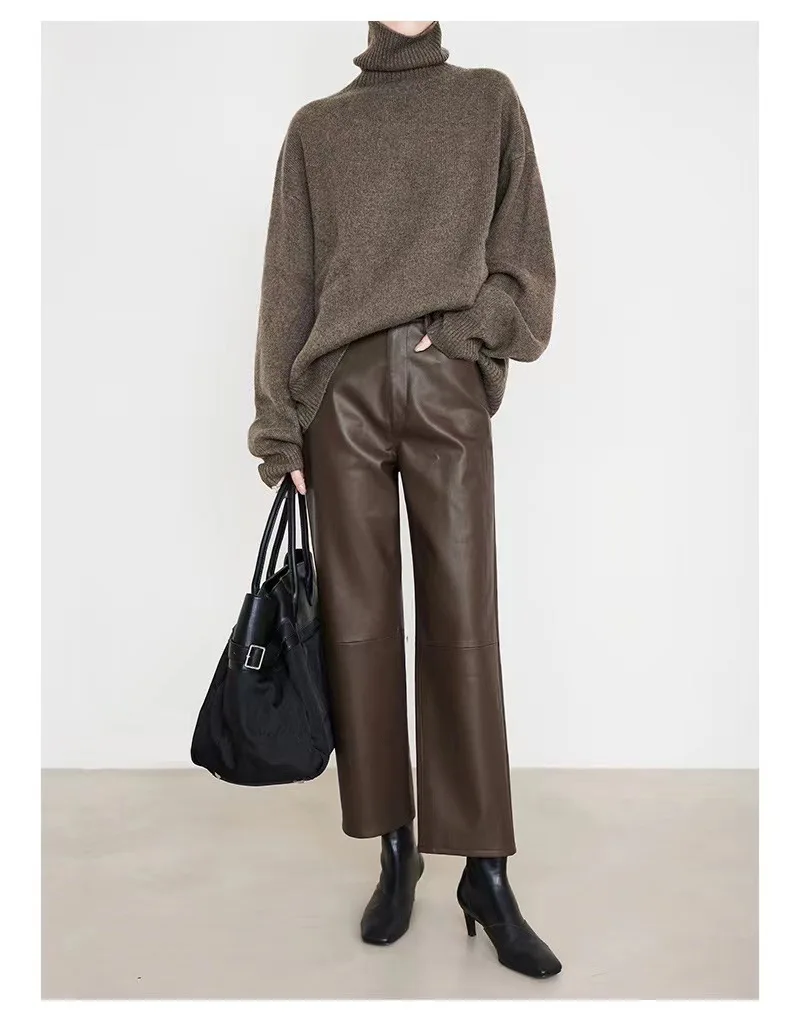 

2024 New Style Women Casual Slim Genuine Sheepskin Leather Straight Pants