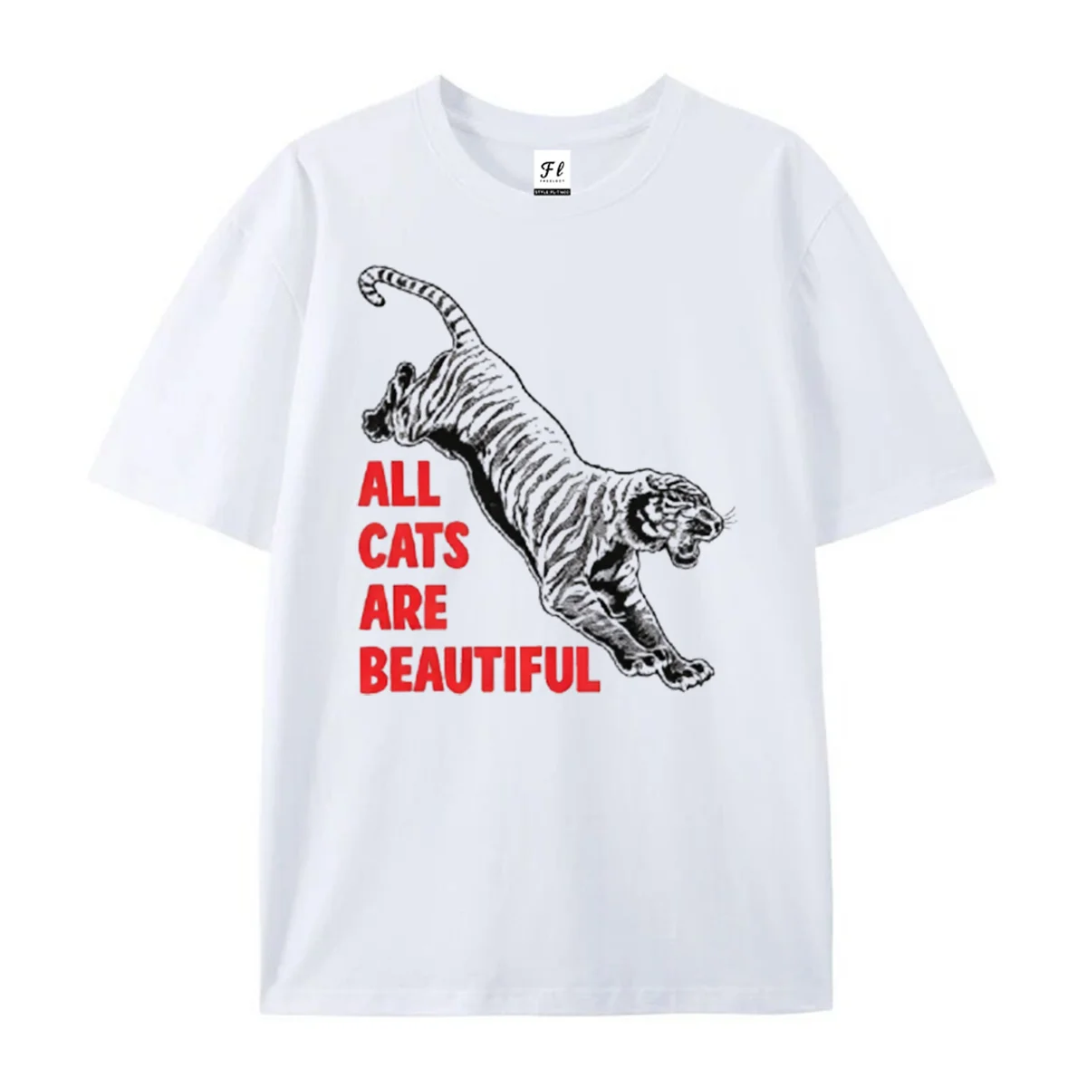 All Cats Are Beautiful Graphic T‑Shirt Vintage Engraving Pouncing Tiger Retro Animal Aesthetic Casual Short Sleeve Tops Outfits