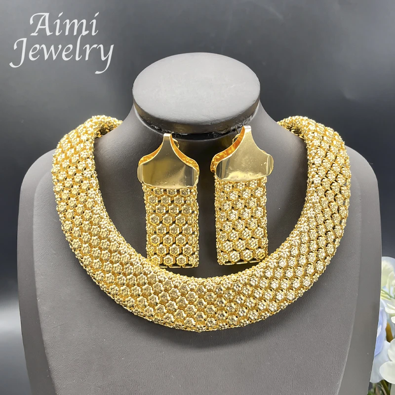 Trendy African Jewelry Set for Women Chunky Necklace Earrings Bracelet Dubai 18K Gold Plated Fashion Jewellery for Party Wedding