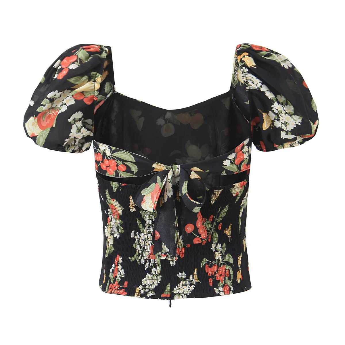 

Винтажная блузка во французском стиле с цветочным принтом, женская винтажная блузка с пышными рукавами и галстуком-бабочкой сзади, тонкие летние топы 2025 праздничный укороченный топ