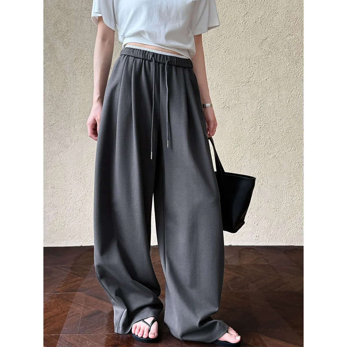 

Casual Elastic Waist Color Contrasting Wide Leg Pants for Women's Summer New Style, Hanging Casual Straight Leg Pants, Loose