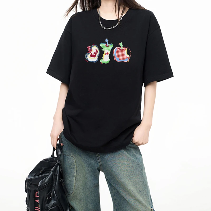 

Fruit Pattern Print Black Short Sleeve T-shirt Cartoon Plaid Apple Illustration Women's Casual Daily Loose-fitting Wear Outfits