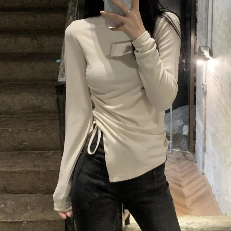 Women Shirring Korean Style Classic Sweet Tees Long Sleeve T-shirts Elegant Sexy Slim All-match Inside Aesthetic  Basic Stylish