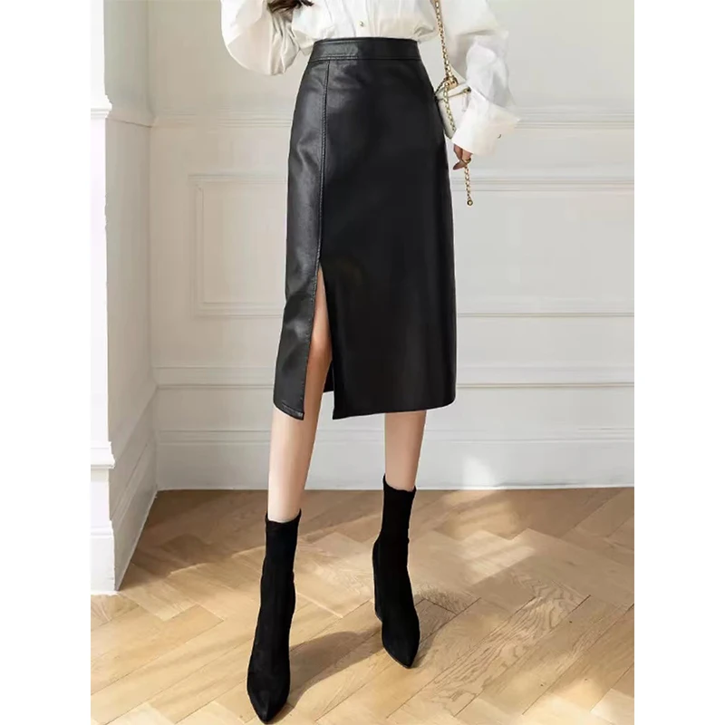 

High Waist eepskin Real Leather Skirt A-Line One-Step Split Faion Midi Skirt Commute Simple Sle Pure Color Skirt