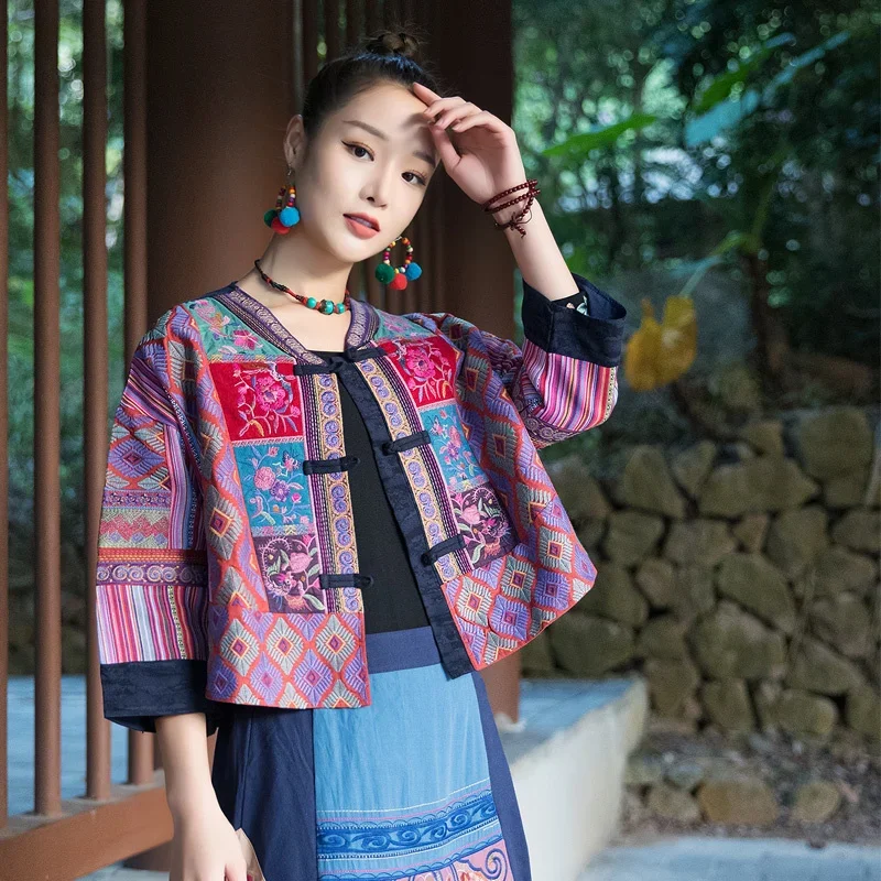

National Style Short Coat Women Embroidery Patchwork Vintage China Clothes Traditional Tang Suit Loose Femme Chinese Jacket New