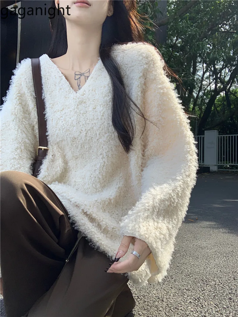 

Gaganight Women Lazy Style Apricot V neck Imitation Lamb Wool Hoodie 2024 Women's Autumn Winter New Soft Loose Mid Length Top