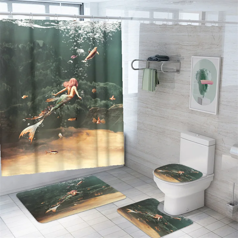 

Mermaid Shower Curtain 3D Print Leaves Bath Mat Set Mildewproof Toilet Rugs Carpets Waterproof Flowers Bath Curtains With Hooks