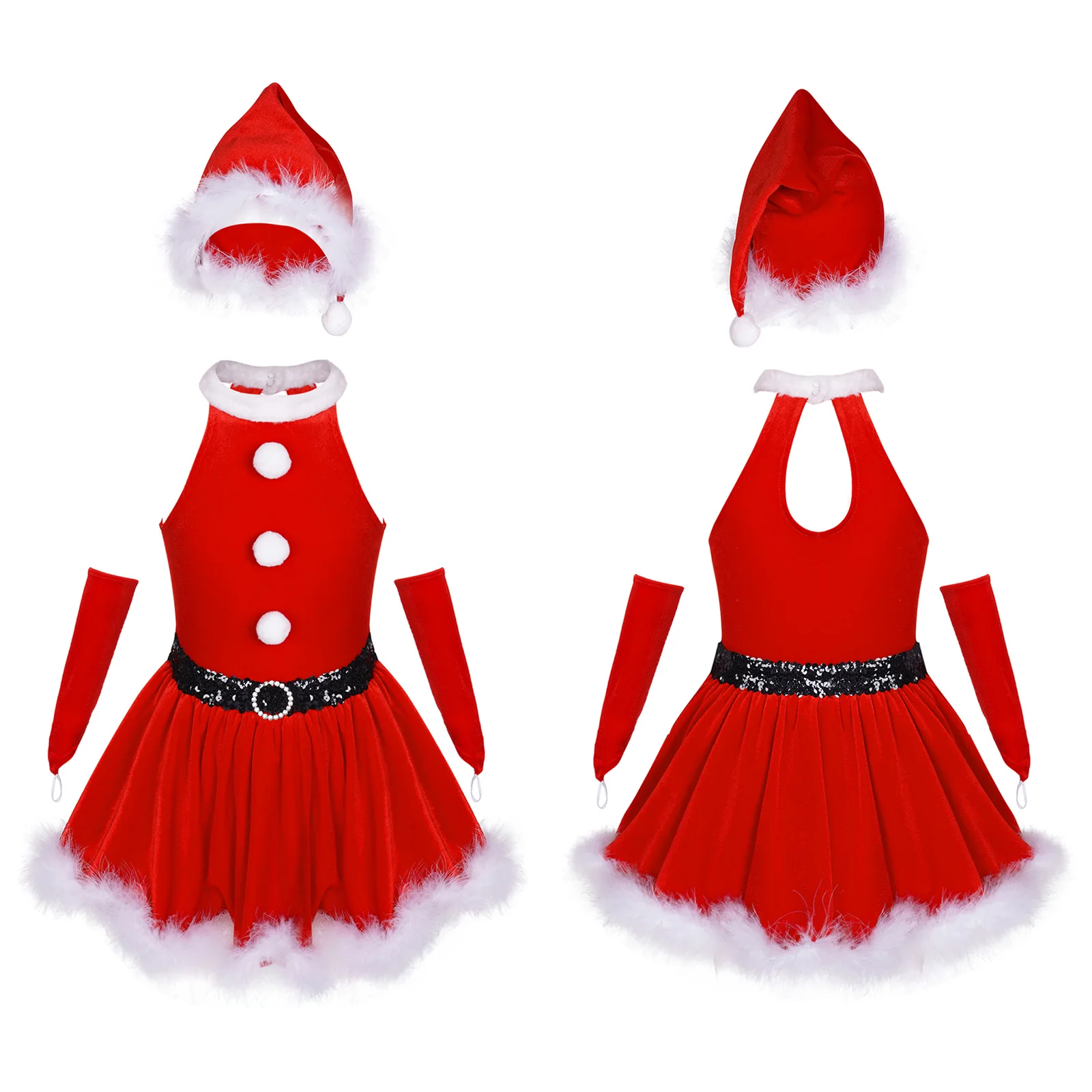 Girls Belted Sleeveless Christmas Santa Claus Xmas Theme Costume Cosplay Outfit Red Velvet Ballet Tutu Skating Dance Dress+Hat