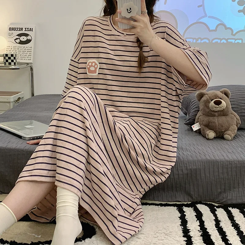 Summer Jacquard Cotton Women Long Nightgown Sleepwear Short Sleeve Nightdress Loose Cute Cartoon Nightwear Home Dressing Gown