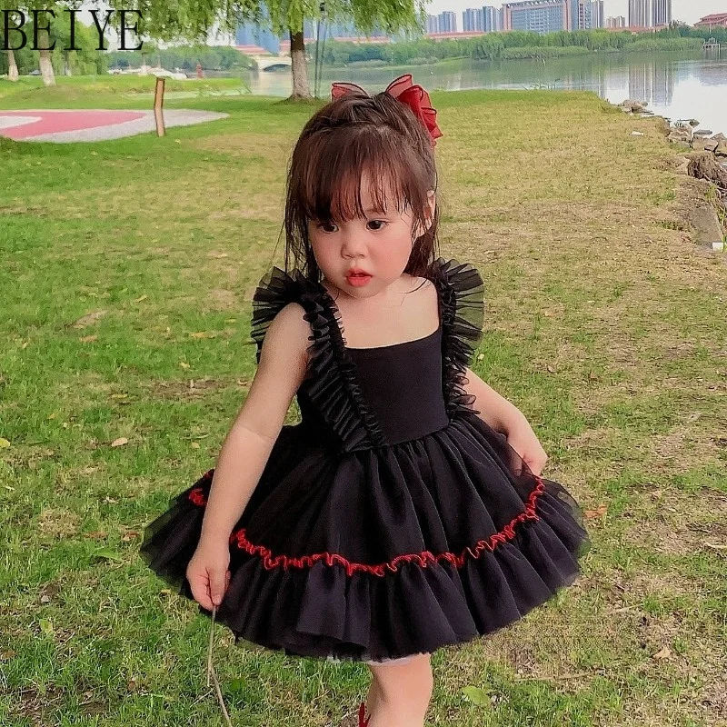 Baby Girls Summer Black Princess Tutu Dress Birthday First Year Versatile Suspender Dress Children Sleeveless Party Dress