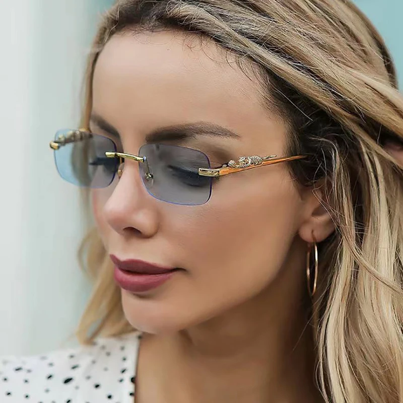 Gafas de sol clásicas sin montura para hombre y mujer, anteojos pequeños con decoración de leopardo, elegantes, sin marco, para conducir y viajar