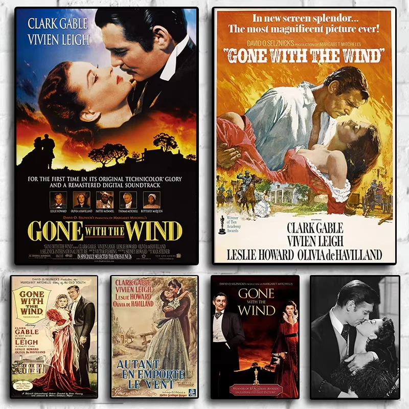 Película de amor clásico Gone With The Wind Clark Gable Vivien Leigh, pintura en lienzo de calidad Retro, póster, arte para habitación, decoración de pared del hogar