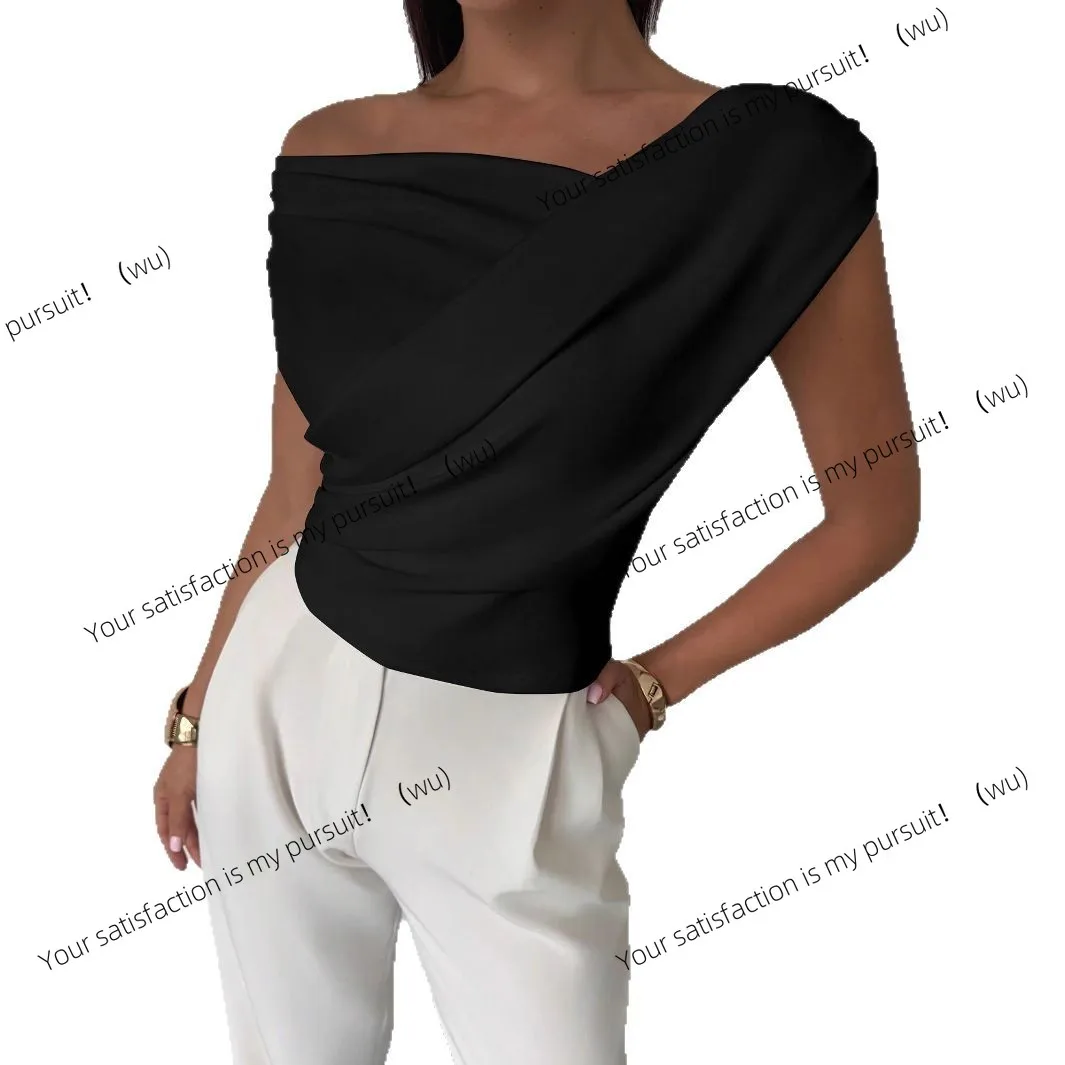 Solid color sleeveless T-shirt women's simple wind slanted shoulders slim and thin sleeveless short top