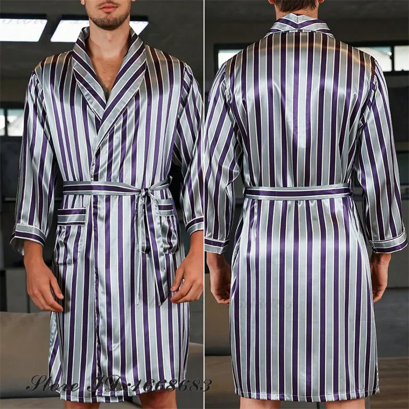 

Men Bath Robe with Pocket Sleepwear Satin Casual Kimono Bathrobe Ice Silk Long Dressing Gown Patchwork Lounge Wear Nightgown