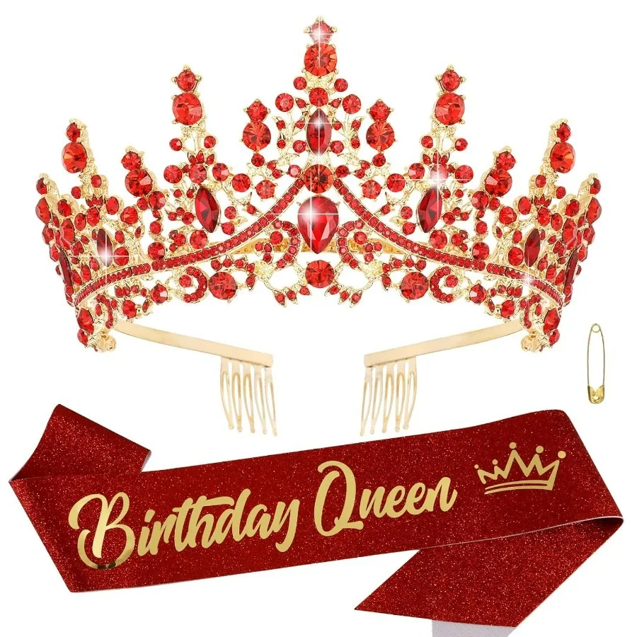 Barocke Strass-Geburtstagsköniginnen-Schärpe mit Krone, Tiara und Stirnband, Geburtstags-Schärpe mit Anstecknadel, Happy Birthday Party Dekoration – Detail 9