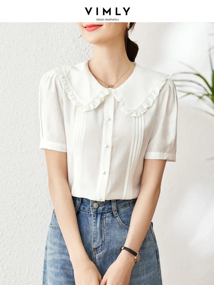 

Vimly Summer Short Sleeve Shirts & Blouses for Women Office Lady 2023 Casual Female Straight Button Up White Tops V9965