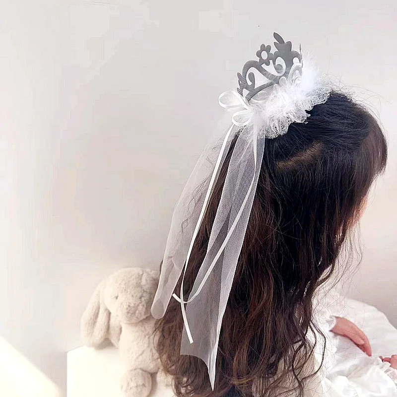 Sweet Bow Ribbon Hair Clip for Kids Girl Princess Crown Floating Yarn Hair Pin Cute Party Hair Styling Little Girl Headwear