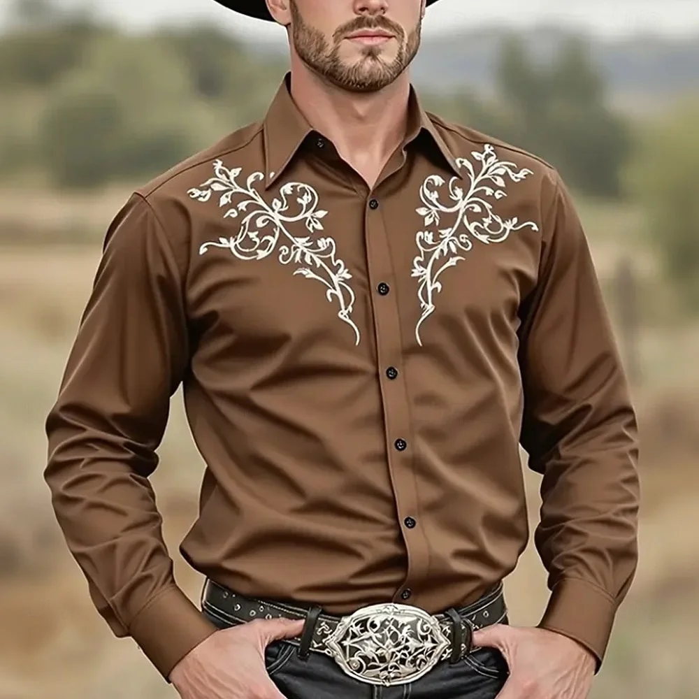 Nueva camisa de estilo étnico con estampado de arte floral para hombre, camisa de vaquero occidental, camisa de manga larga con cuello de playa de estilo clásico, envío rápido